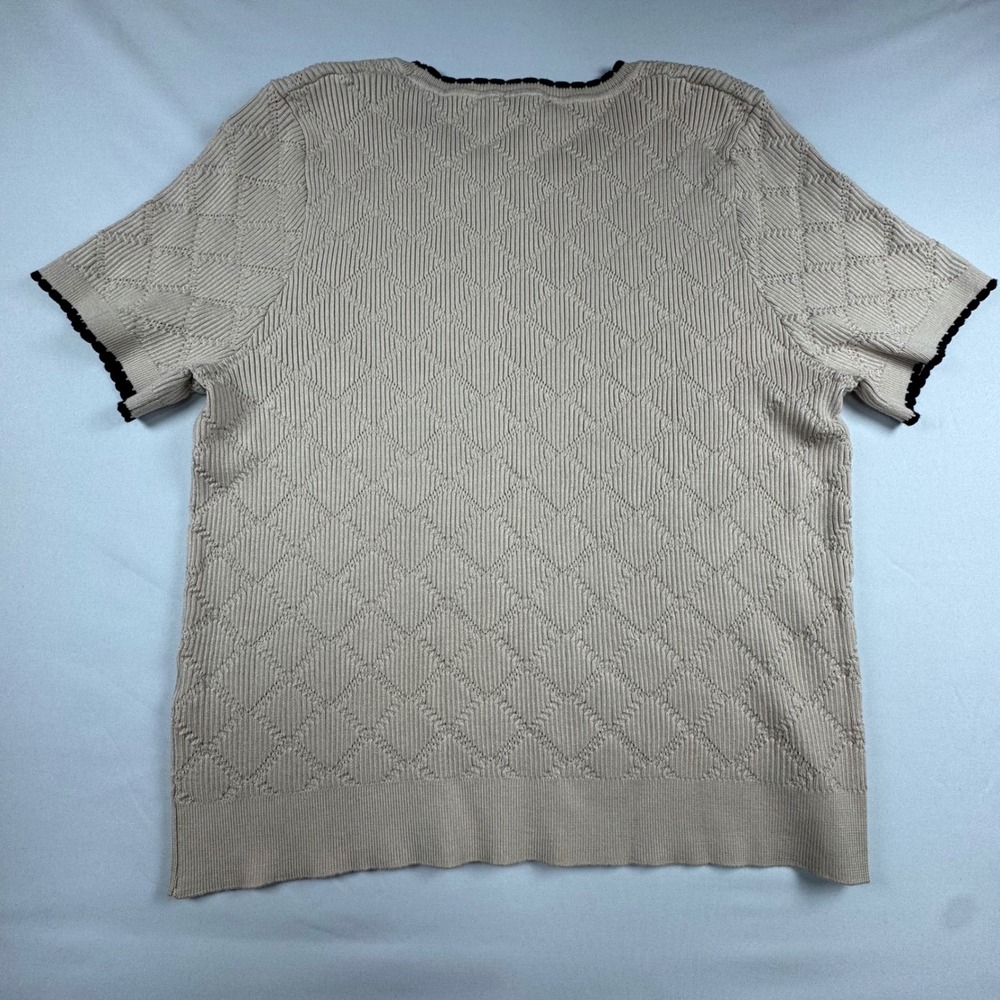 Adrianna Papell Womens Beige Diamond Knit Short Sleeve Sweater Top Black Trim L - Picture 5 of 7